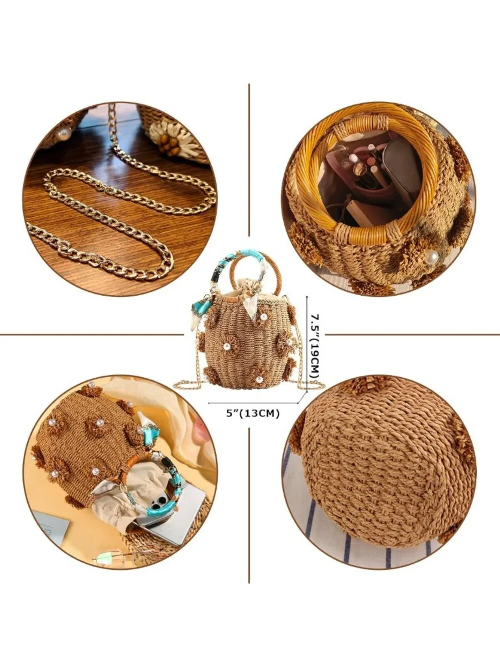 Chic Flower Pearls Rattan Tote Bag | Summer Beach Drawstring Straw Bucket Bag